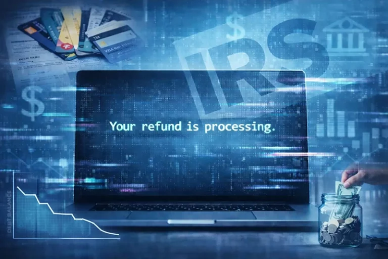 Graphical image of a screen with the words "Your refund is processing".