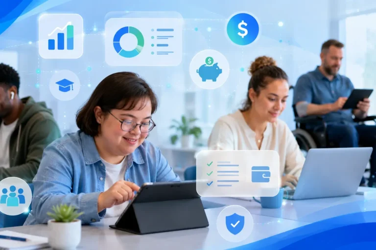 Inclusive digital financial education learning environment showing adults with disabilities and diverse learners using tablets and laptops to build real-world money management skills.