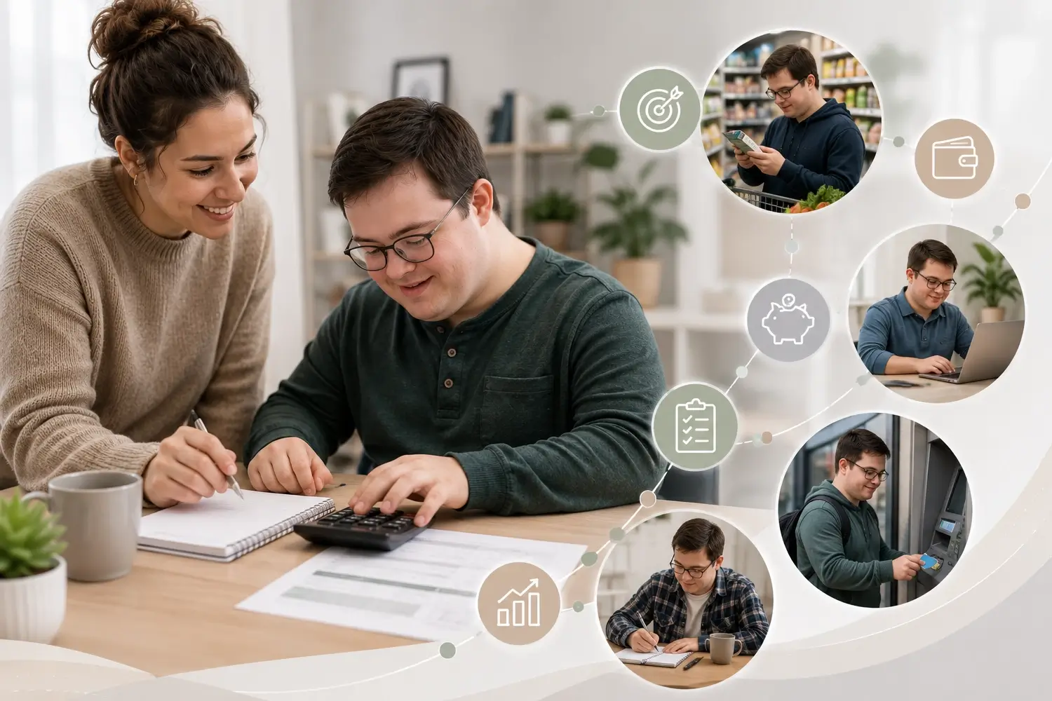 Adult learner with intellectual and developmental disabilities practicing financial life skills with guided support in an inclusive educational setting.